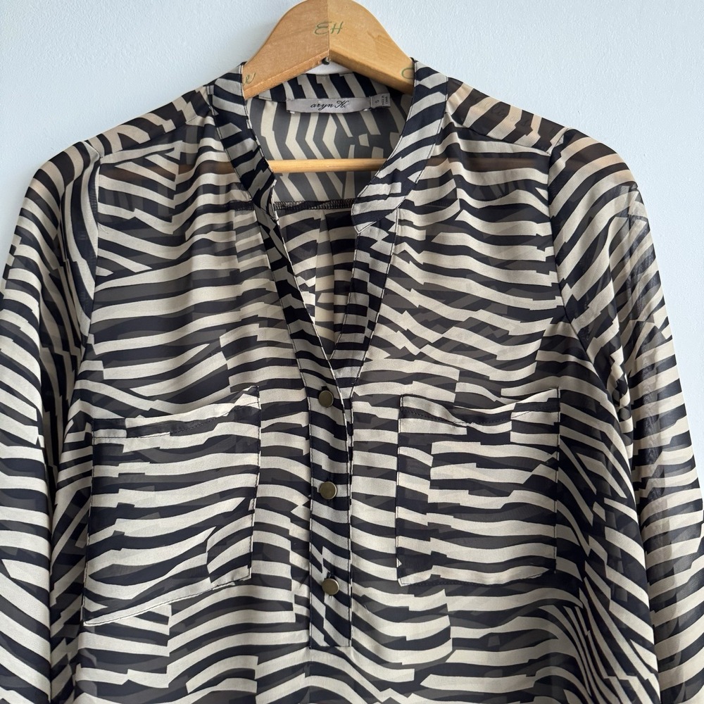 Aryn K Sheer Zebra Print Chiffon Blouse Notch Neck Pocket Top Small - Picture 2 of 6